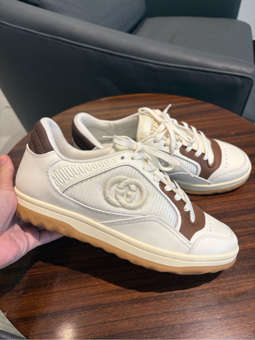GUCCI Unisex MAC80 Sneakers Off White Brown Size US 7.5 Canvas Leather